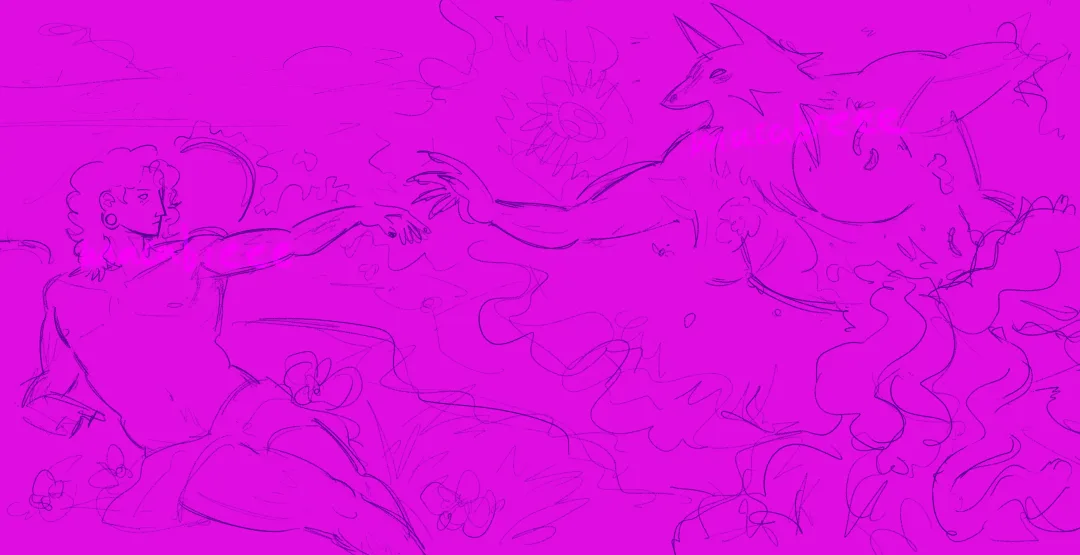 A sketch-style drawing in vibrant magenta shows a human-like figure reaching out to a large, fox-like creature. Both figures…