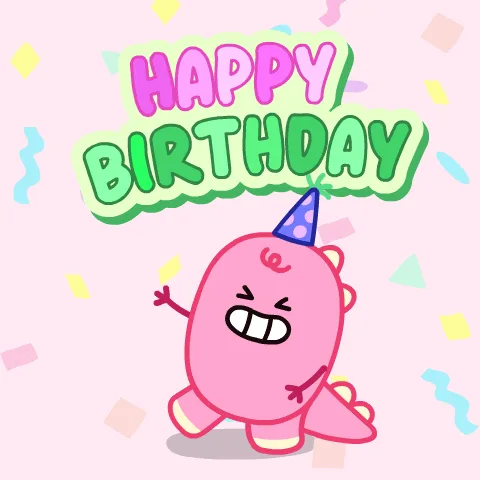 The image displays six identical cartoon pink dinosaur-like creatures wearing blue party hats, each with a 'HAPPY BIRTHDAY'…