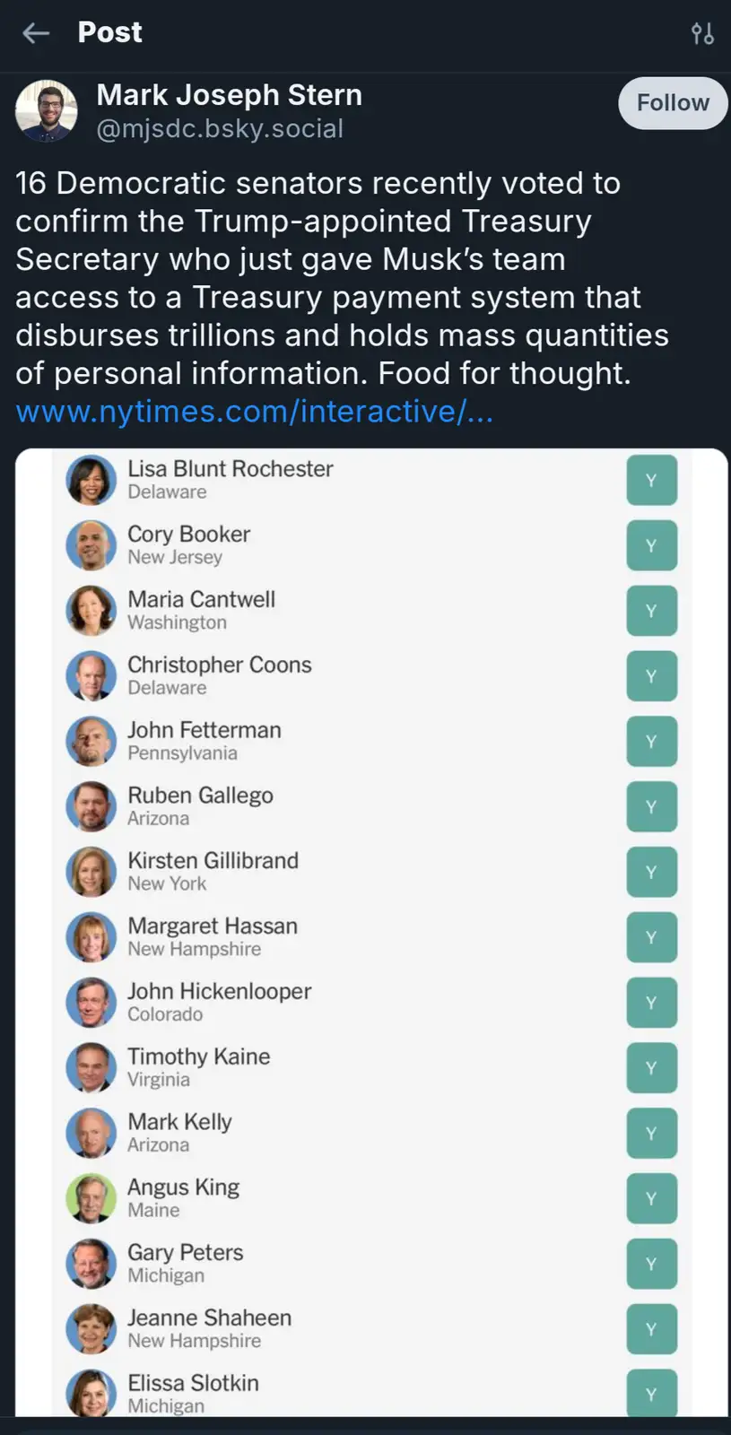 A screenshot of a social media post by Mark Joseph Stern showing a list of 16 Democratic senators with their names, states…
