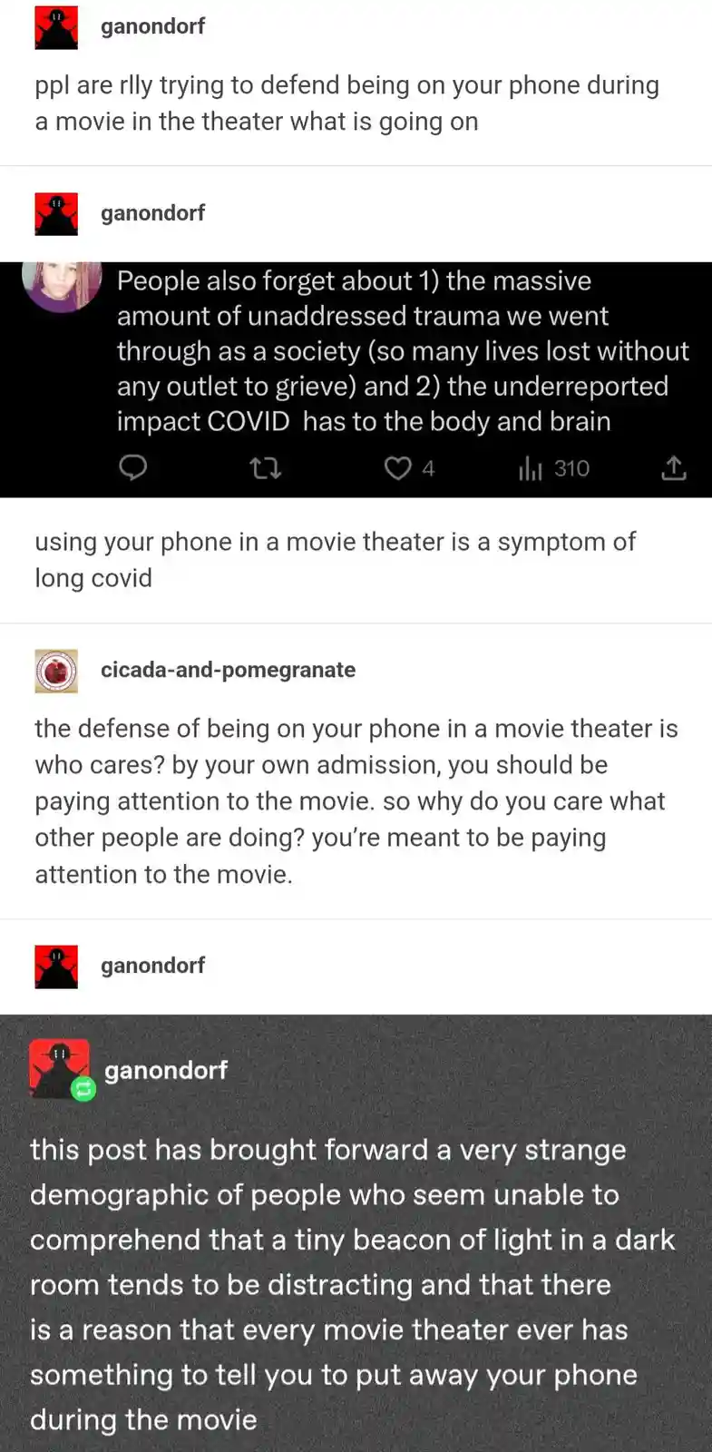 A screenshot of a social media thread shows user 'ganondorf' complaining about people using phones in theaters. A reply by…