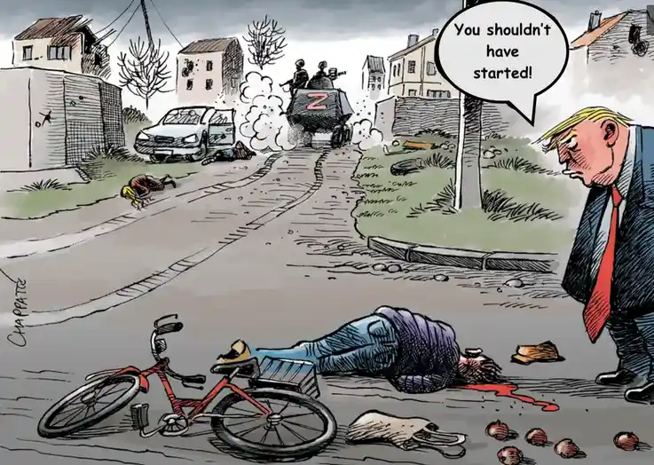 A cartoon depicts Donald Trump standing in a war-torn street, looking down at a dead person next to a red bicycle. In the…