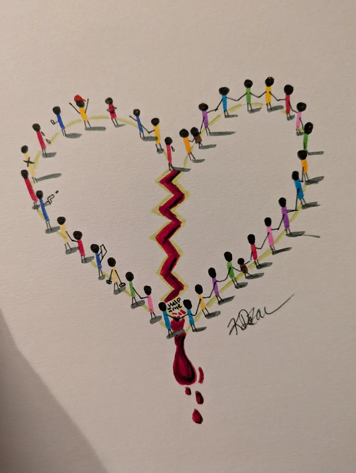 A colorful drawing shows stick figures holding hands to form a heart shape with a jagged red crack down the middle, from…