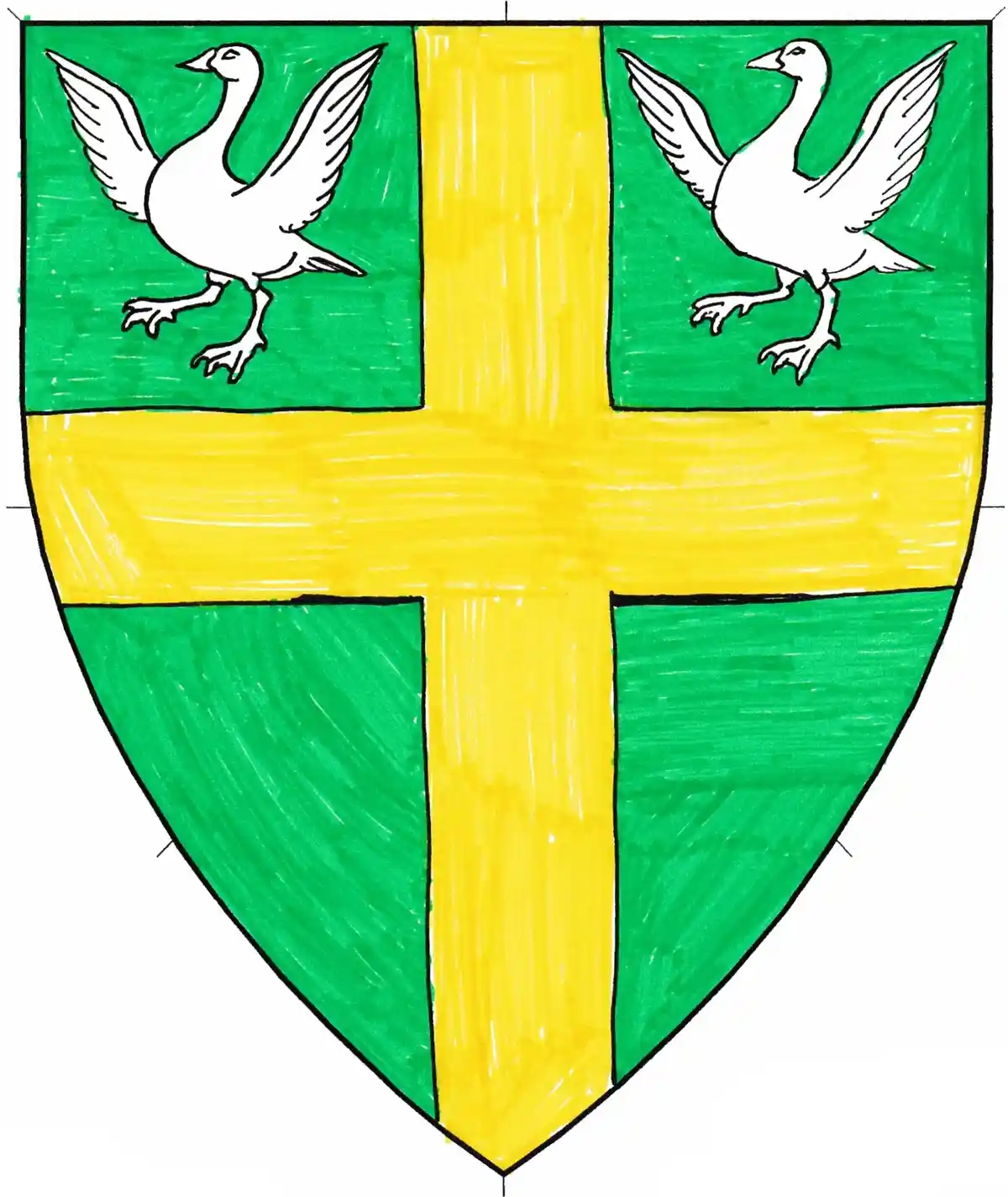 A hand-drawn heraldic shield divided by a yellow cross, with green backgrounds in each quadrant. Two white birds, resembling…