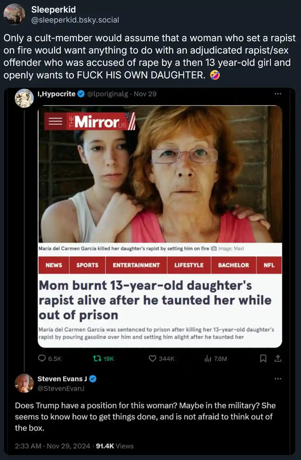 The image shows a screenshot of a Twitter post featuring a news article from 'The Mirror US' with a photo of an older woman…