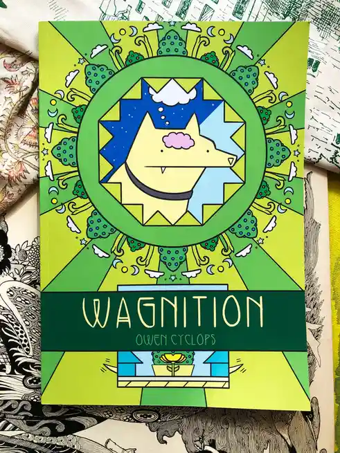 A brightly colored book cover for 'Wagnition' by Owen Cyclops features a stylized yellow dog with a pink cloud for a nose…