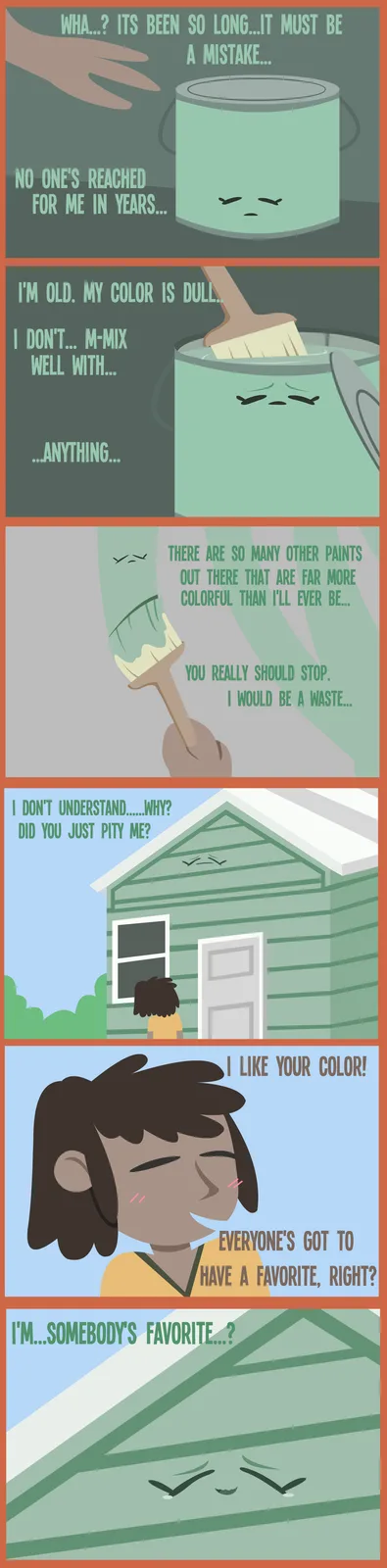 A six-panel comic strip featuring an anthropomorphic green paint can that feels neglected and unappreciated, until a child…