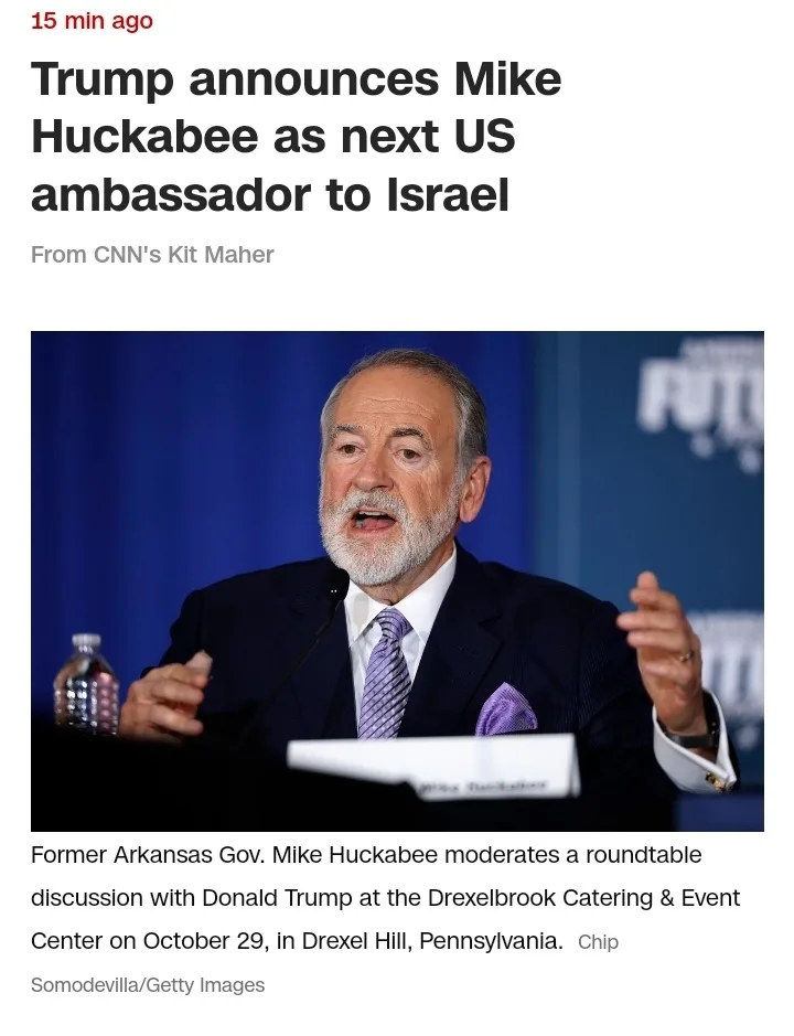 A screenshot of a CNN news article from October 29, 2024, shows former Arkansas Governor Mike Huckabee speaking at a…