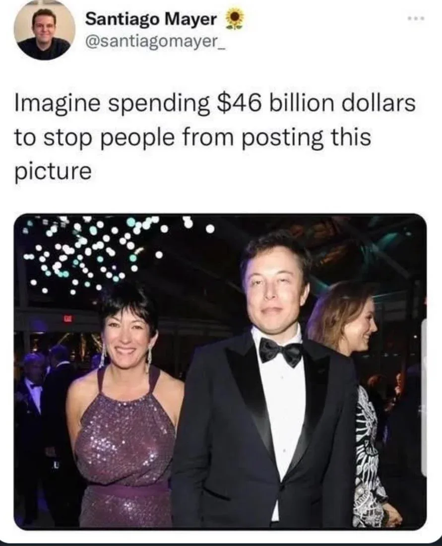 A screenshot of a tweet by Santiago Mayer showing a photo of Elon Musk in a tuxedo standing next to a woman in a sparkly…