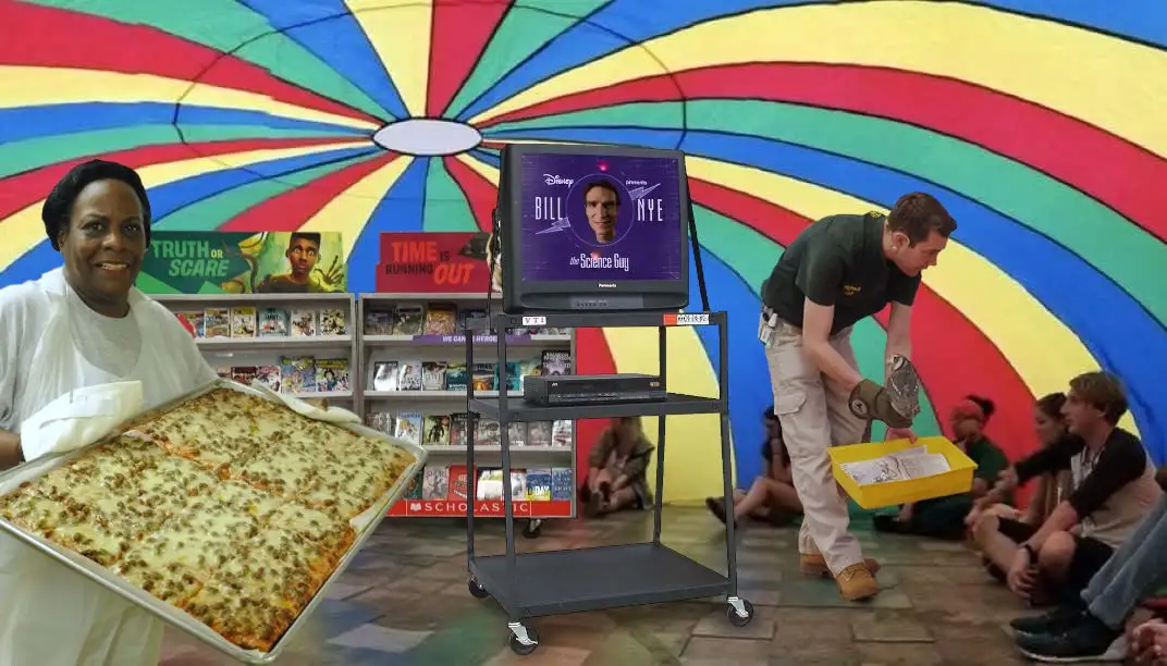 A composite image shows a woman holding a large tray of pizza on the left, a man in a uniform bending over a yellow tray on…