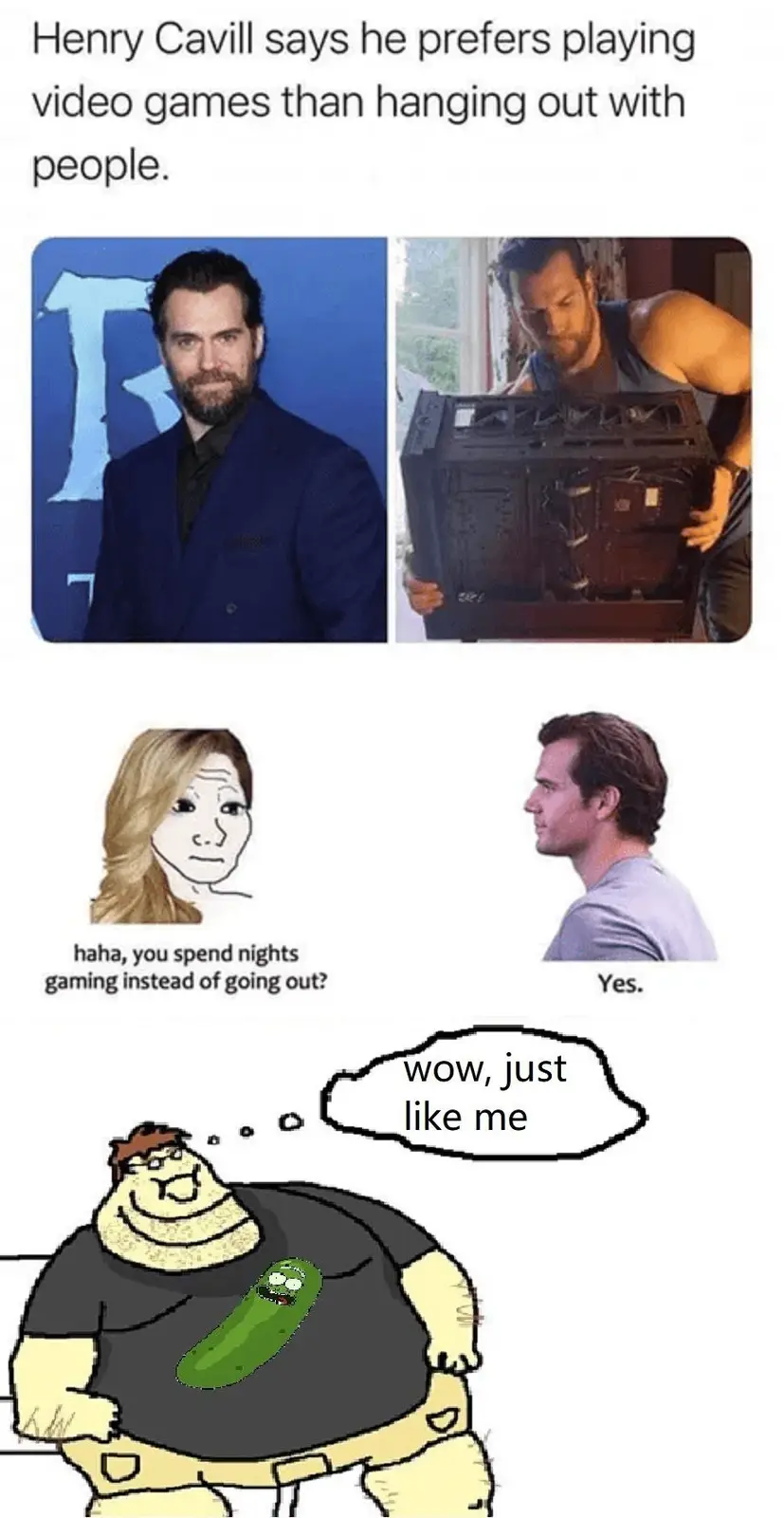 The meme features a top panel with two images of Henry Cavill: one in a suit and another holding a computer case. Below, a…