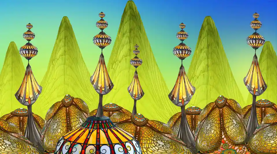 The image displays a surreal, stained-glass style landscape featuring multiple ornate, glowing lamps with intricate…