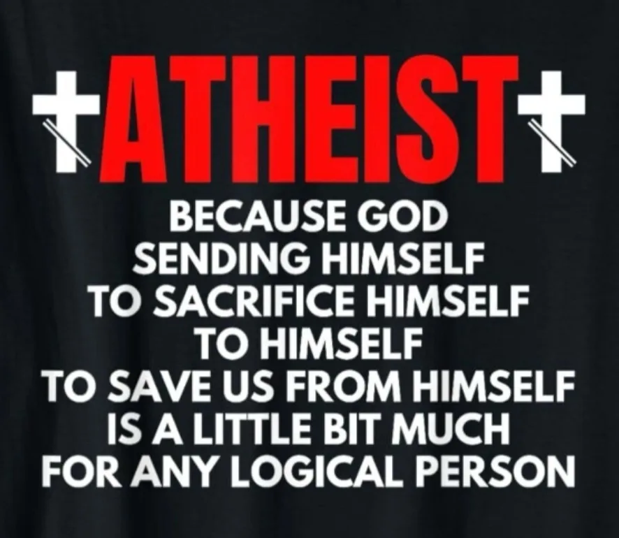 A black t-shirt graphic with the word 'ATHEIST' in large red letters flanked by white crosses with diagonal lines through…