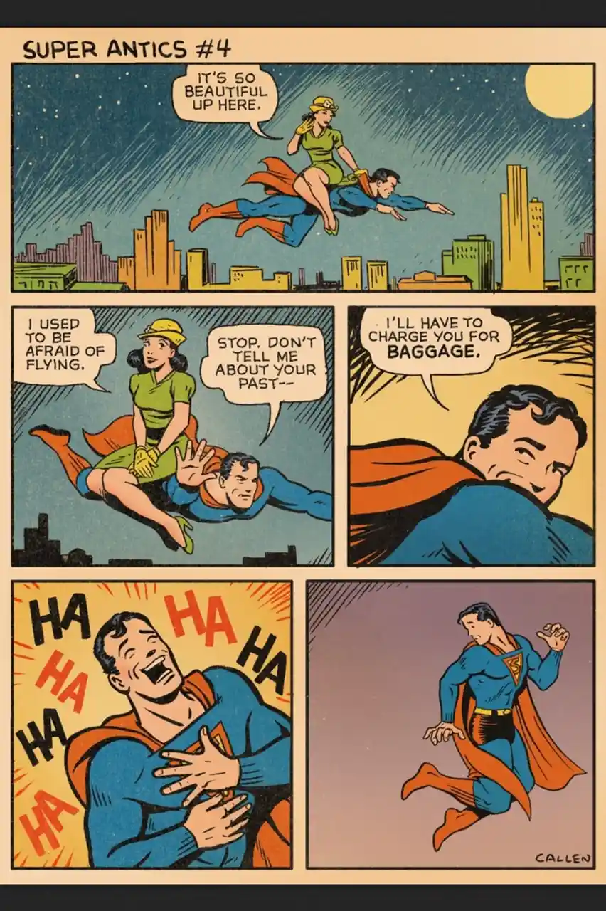 A vintage comic book page titled 'SUPER ANTICS #4' shows Superman flying with a woman over a city at night. She says it's…