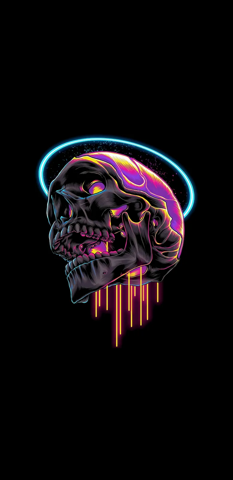 A stylized skull with glowing neon outlines in purple, yellow, and blue, set against a black background. It features a…