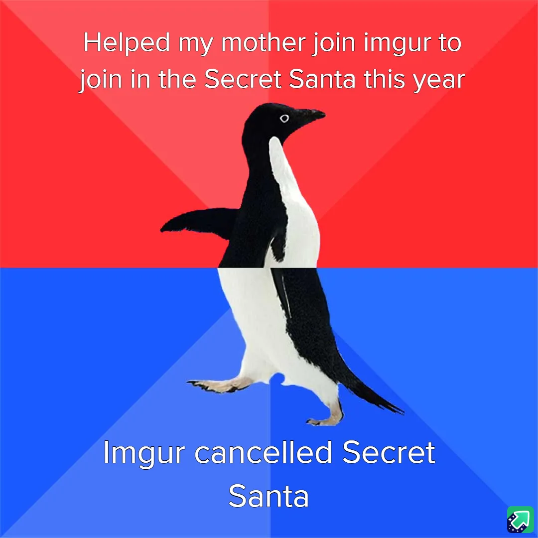 A penguin stands centered against a red and blue background, split horizontally. White text at the top reads 'Helped my…