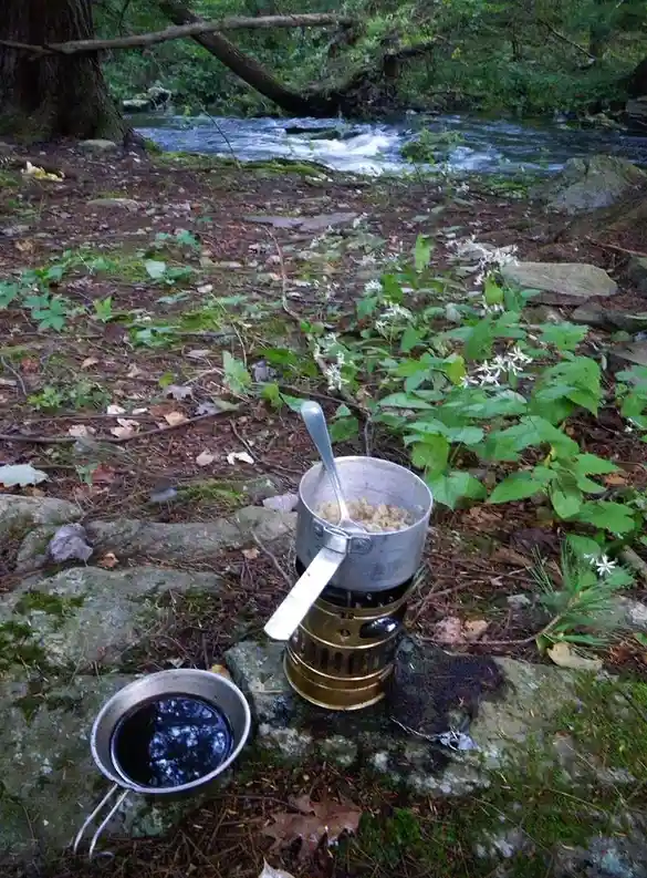 A camping scene shows a small pot of food cooking on a portable stove beside a stream, with a cup of dark liquid nearby. The…