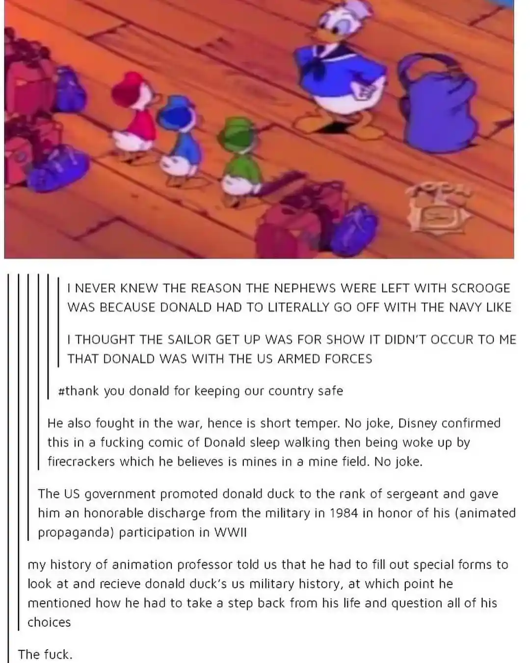 A still from a Disney cartoon shows Donald Duck in a sailor uniform standing on a wooden deck with his three nephews, Huey…