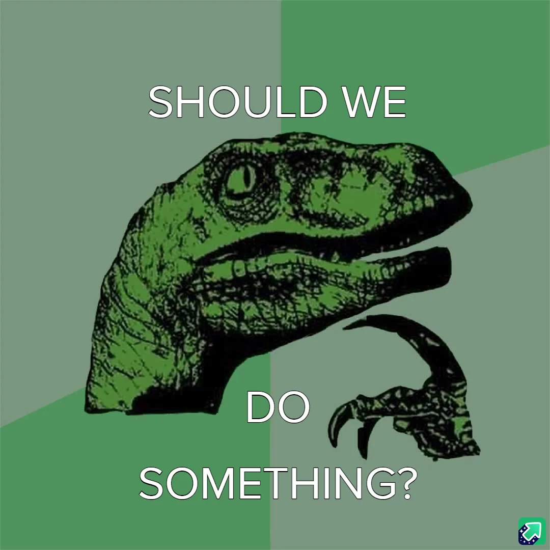 A green, stylized illustration of a raptor's head with its clawed hand raised in a questioning gesture, set against a split…
