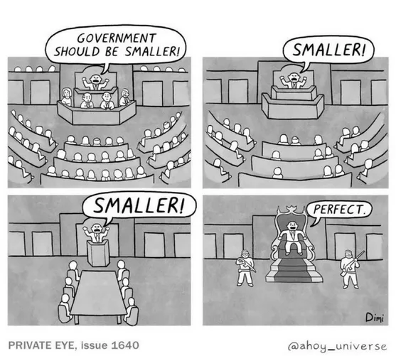 A four-panel black-and-white comic strip shows a politician shouting 'GOVERNMENT SHOULD BE SMALLER!' in a legislative…