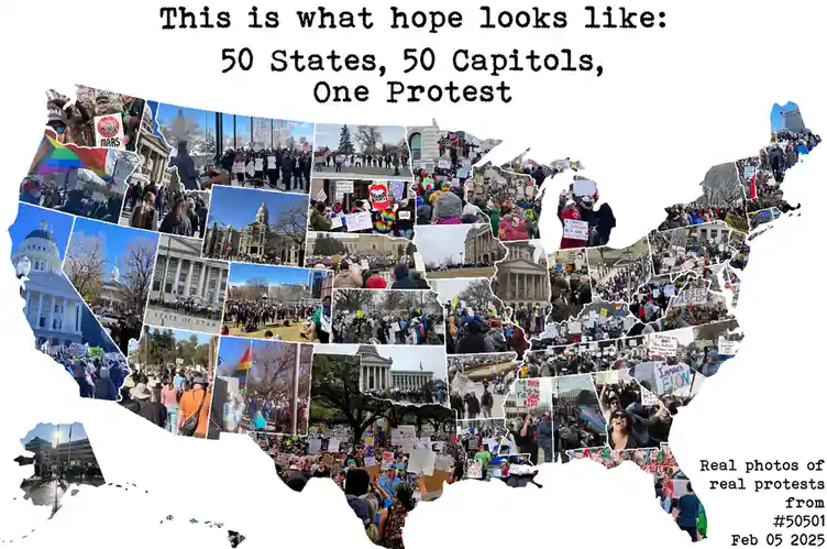 The image displays a collage of numerous protest photos arranged to form the outline of the United States. Each state is…