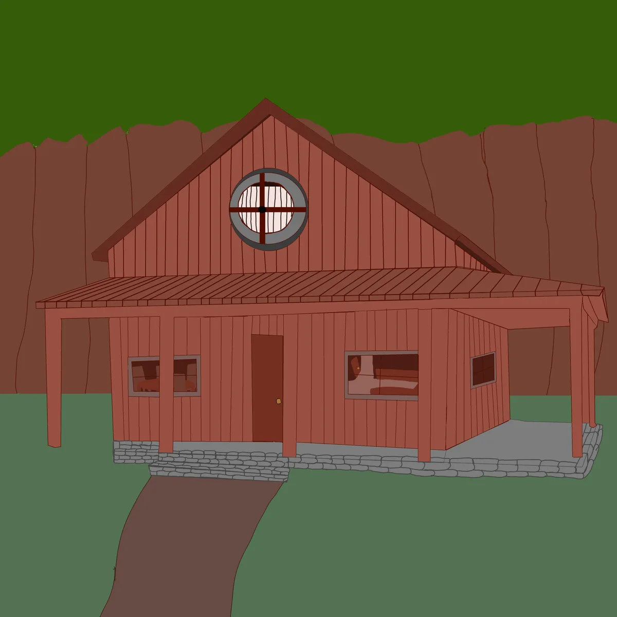 A cartoon-style illustration of a red wooden house with a stone foundation and porch, set against a green background with…