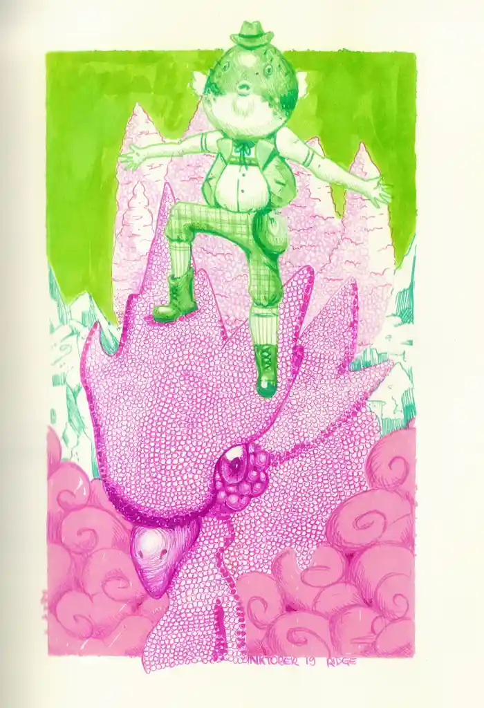 A hand-drawn illustration shows a green, frog-like humanoid wearing a hat, bowtie, and boots, standing atop a large pink…