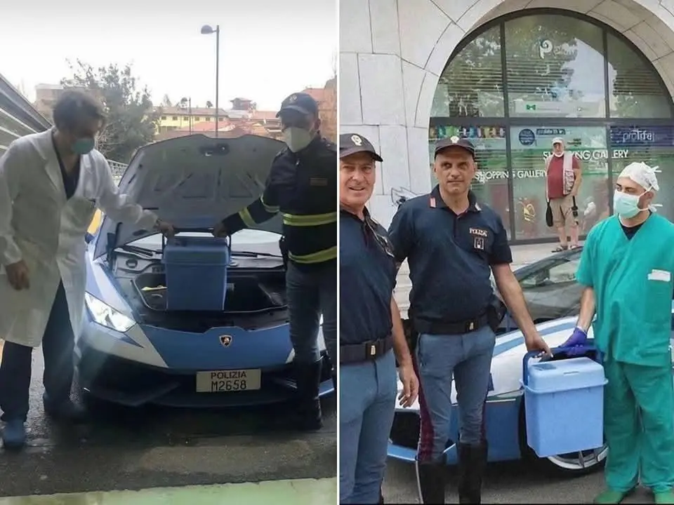 Two side-by-side photos show Italian police officers and a medical professional interacting with a blue Lamborghini with its…