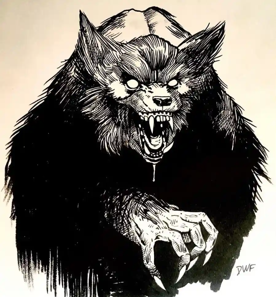 A black-and-white ink drawing depicts a menacing, snarling werewolf with glowing eyes, sharp fangs, and a drooling mouth…