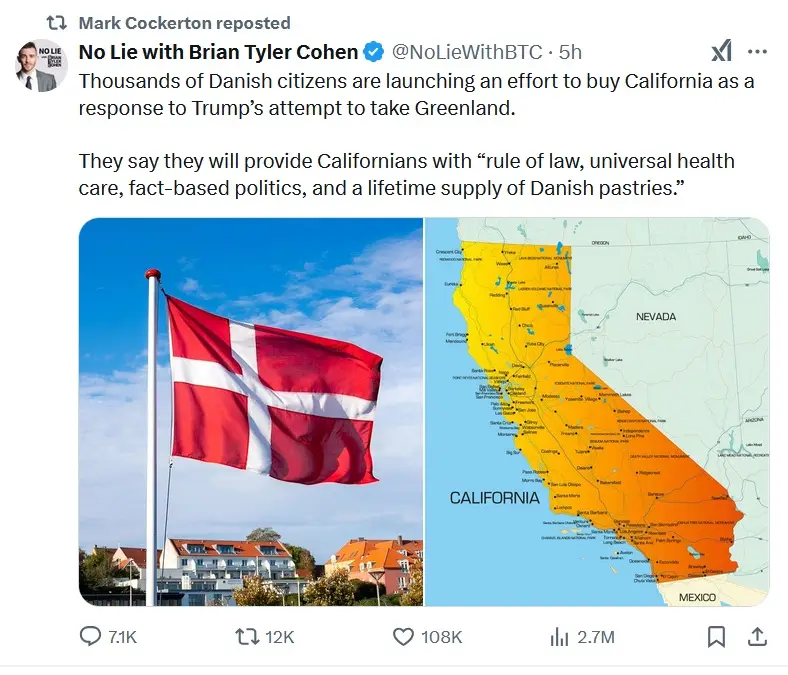 The image is a split-screen meme: the left side shows a waving Danish flag against a blue sky with buildings below, and the…