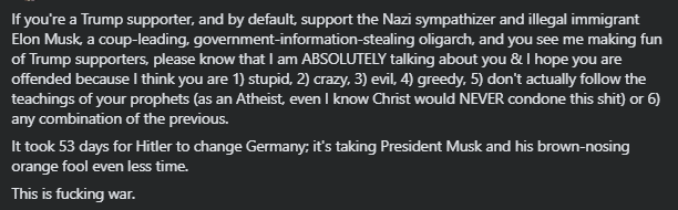 A black background with white text that reads a rant accusing Trump supporters of supporting Elon Musk, calling them stupid…