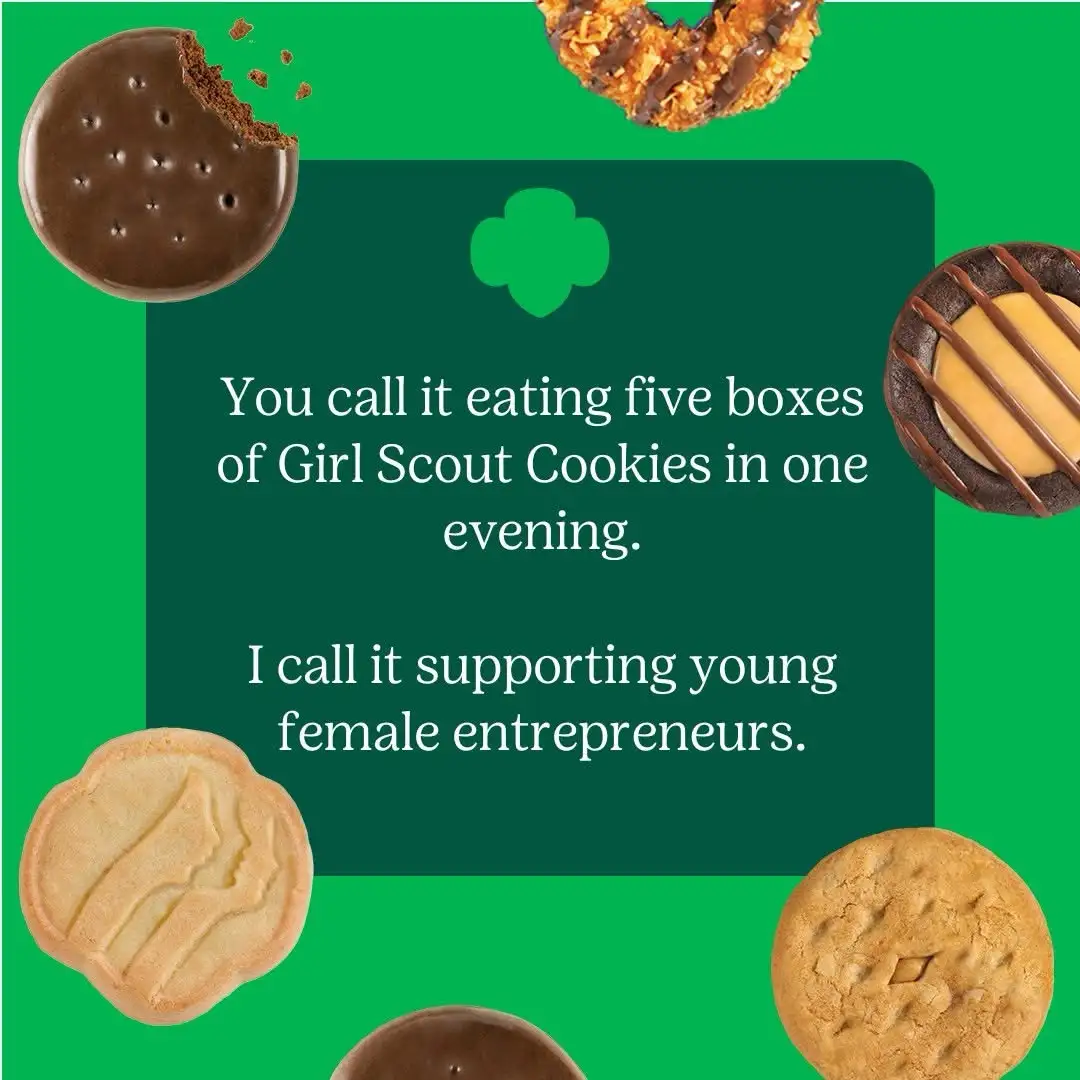 A green background displays various Girl Scout Cookies, including a partially eaten thin mint, a coconut-covered donut, and…