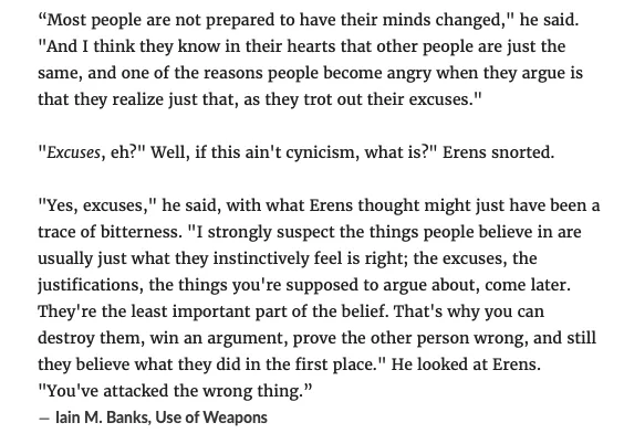 The image displays a block of text from Iain M. Banks' novel 'Use of Weapons,' featuring a dialogue between two characters…