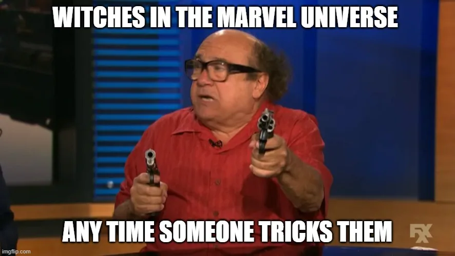 A man in a red shirt and glasses holds two handguns pointed forward, looking surprised or alarmed. The text overlaid on the…