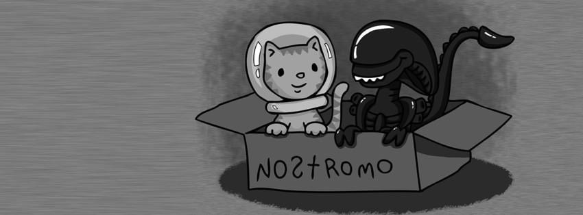 A black-and-white cartoon depicts a cute cat in an astronaut helmet sitting beside a menacing alien creature, both inside an…