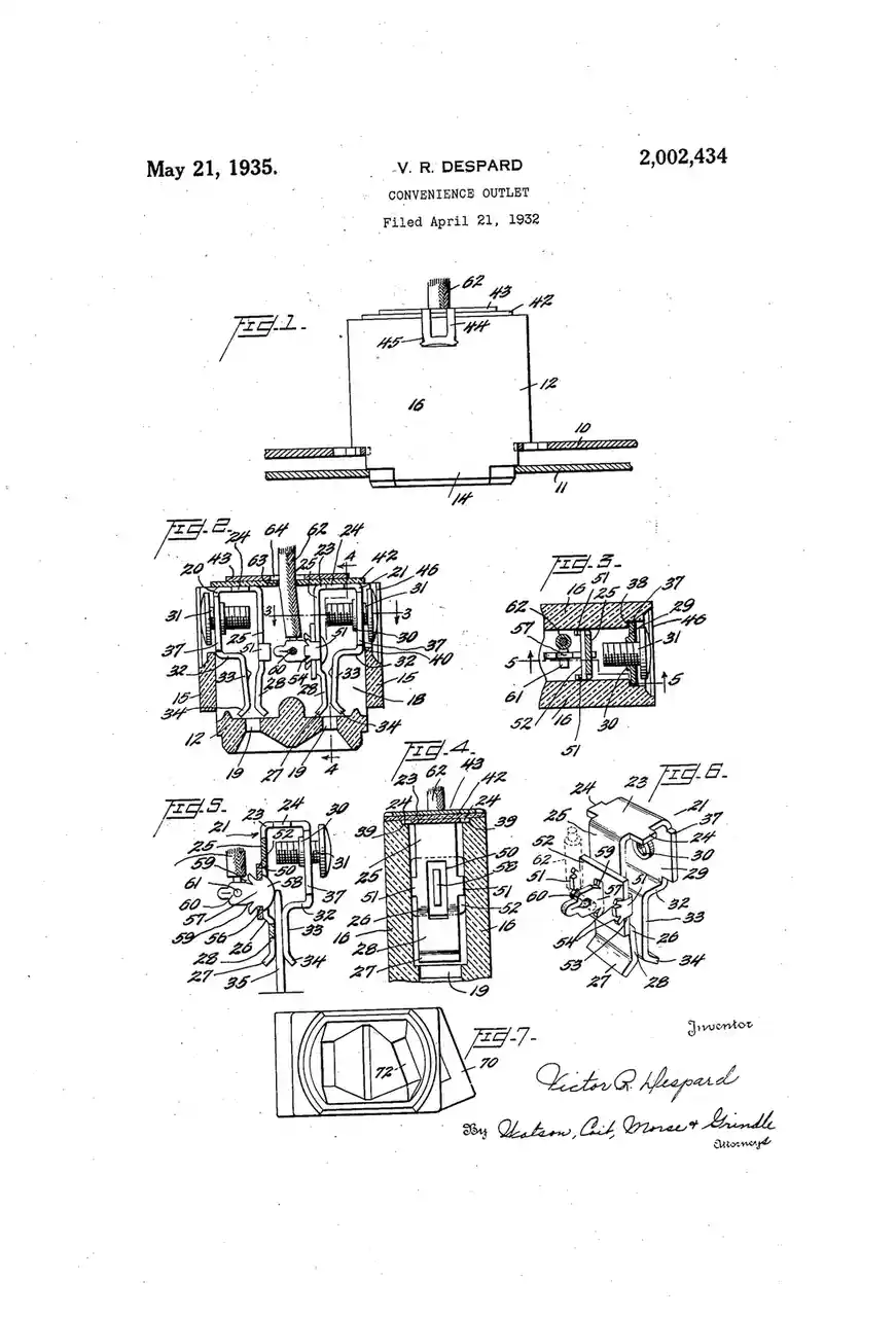 A black-and-white patent drawing from May 21, 1935, for a 'Convenience Outlet' by V.R. Despard, showing seven labeled…