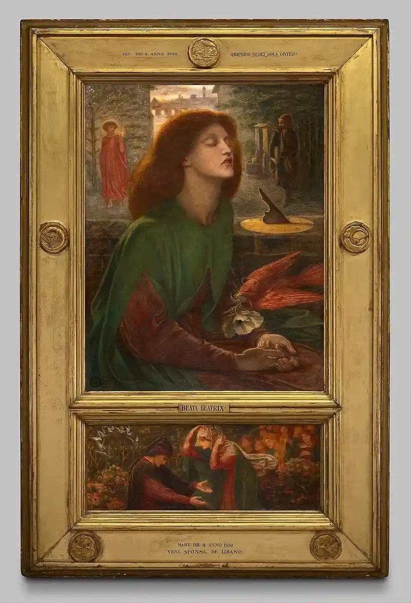 A framed painting of a woman in a green robe with her eyes closed, holding a bird with a ring on its beak, with Latin…