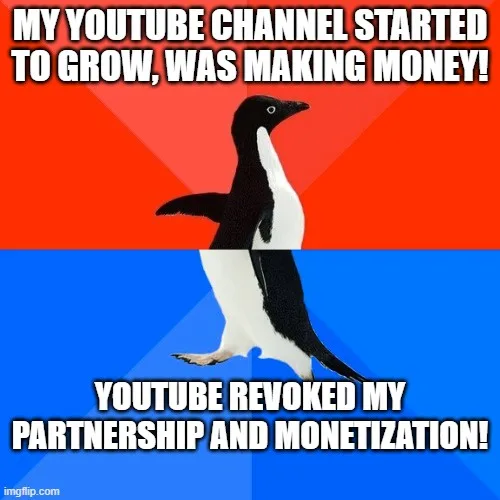 A penguin stands in a split background of red and blue, with bold white text at the top stating 'MY YOUTUBE CHANNEL STARTED…