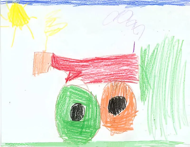 A child's crayon drawing depicts two large, round, cartoonish eyes—one green, one orange—peeking out from under a red…