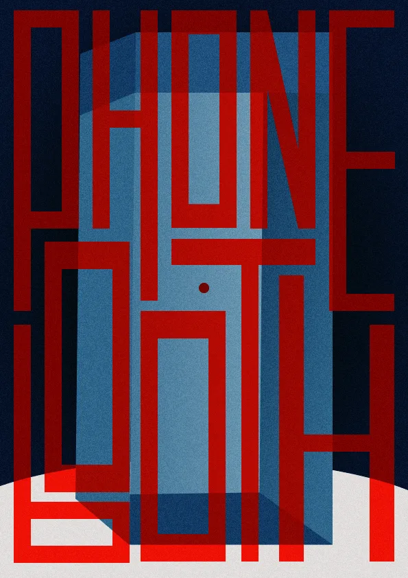 A stylized graphic shows the words 'PHONE BOOTH' in bold red letters layered over a blue, three-dimensional rectangular…