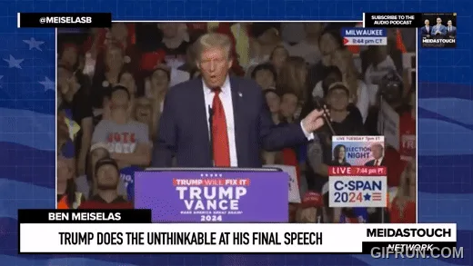 A split-screen image shows Donald Trump at a political rally, captured in multiple frames across two rows. He stands behind…