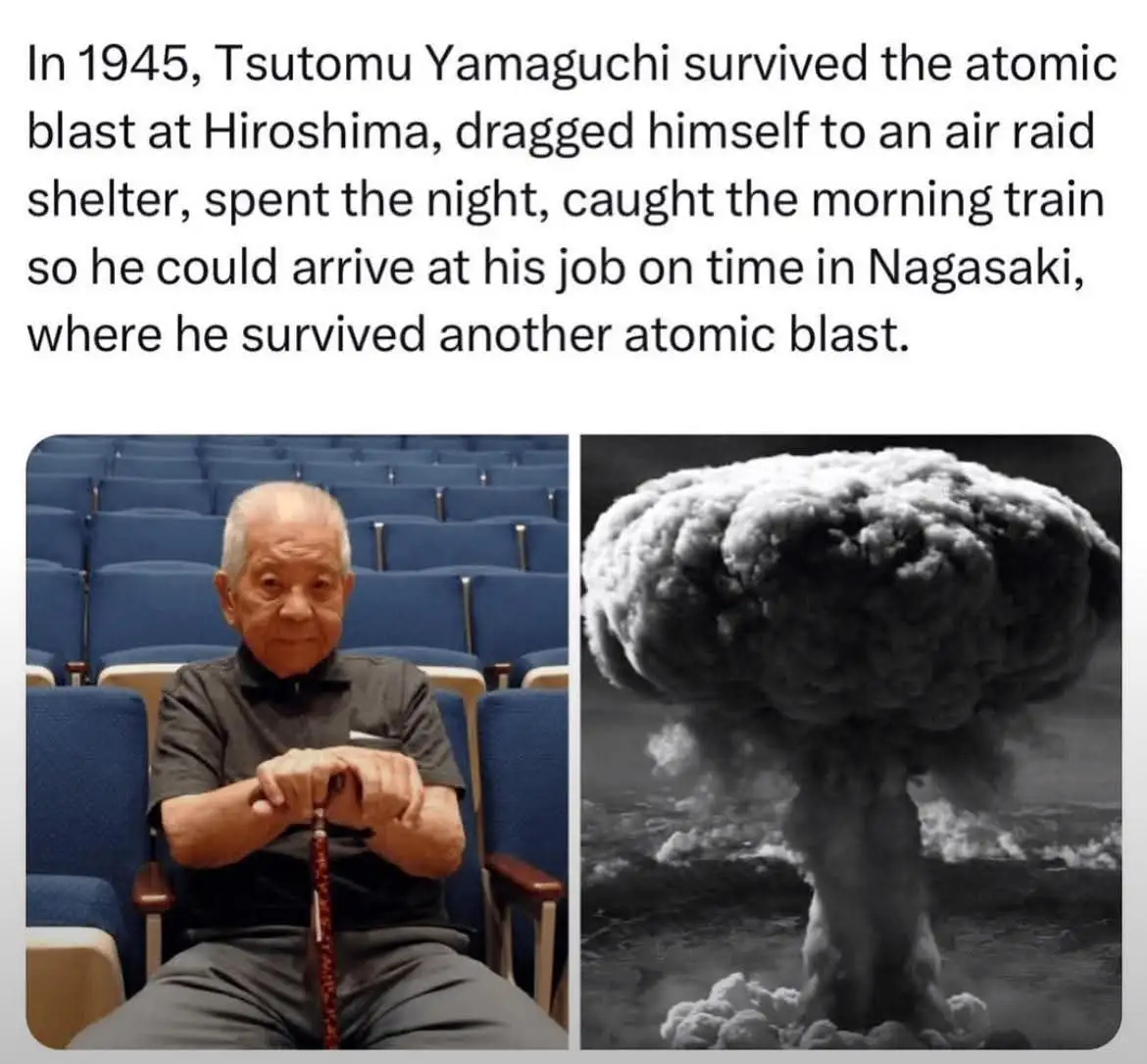 The image is split: left side shows an elderly Japanese man sitting calmly in an empty auditorium with blue seats, holding a…