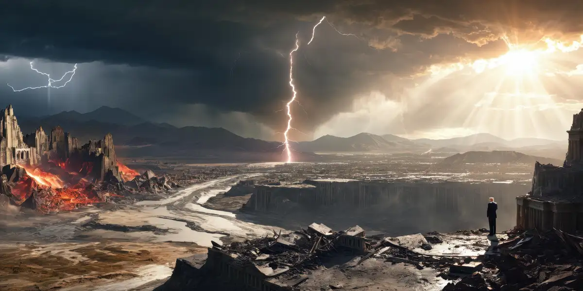 A lone man in a suit stands on a ruined cliff overlooking a desolate, apocalyptic landscape split by a massive lightning…