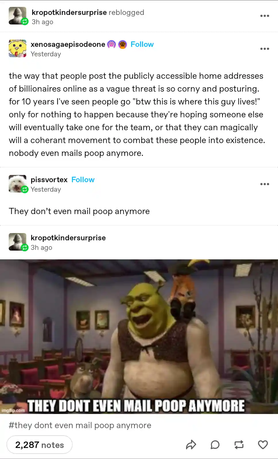 A screenshot of a Tumblr thread where users discuss the futility of posting billionaire addresses online, culminating in a…