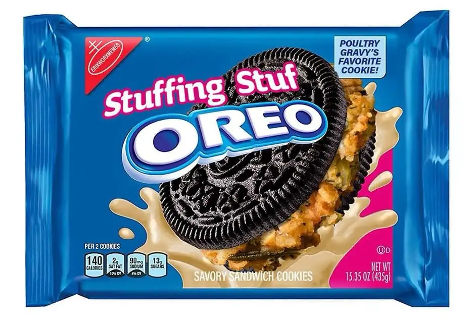 A blue package of 'Stuffing Stuf OREO' cookies shows a black sandwich cookie with savory stuffing filling, splashing cream…