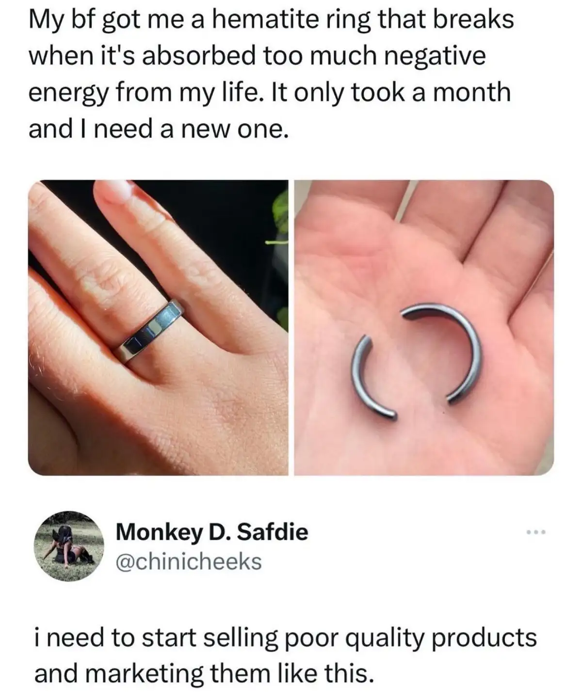The image shows two photos: one of a hand wearing a hematite ring, and another of the same ring broken into two pieces held…