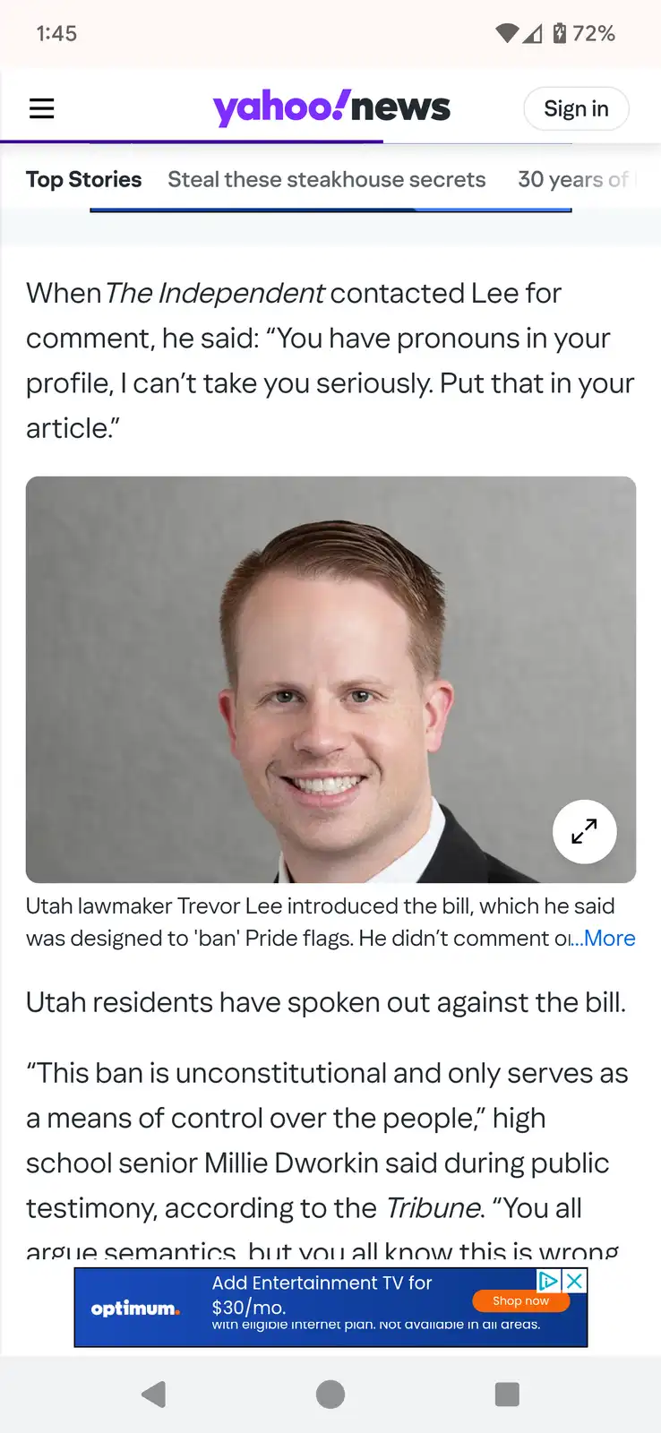 A screenshot of a Yahoo News article about Utah lawmaker Trevor Lee, who introduced a bill to ban Pride flags. The article…