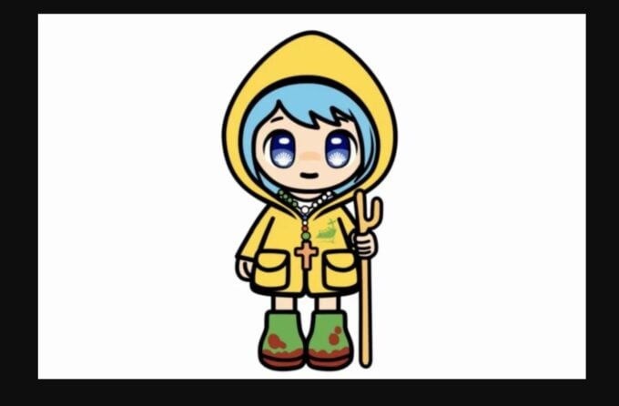 A cartoon character with blue hair and large eyes wears a yellow hooded raincoat, green boots with mud stains, and holds a…