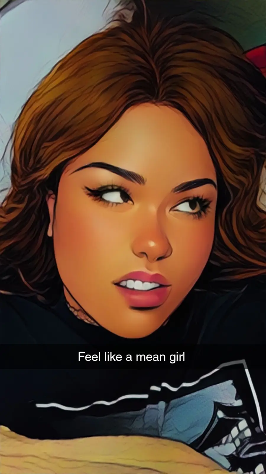 A stylized digital illustration of a young woman with brown hair and defined makeup, looking sideways with a slight smirk…