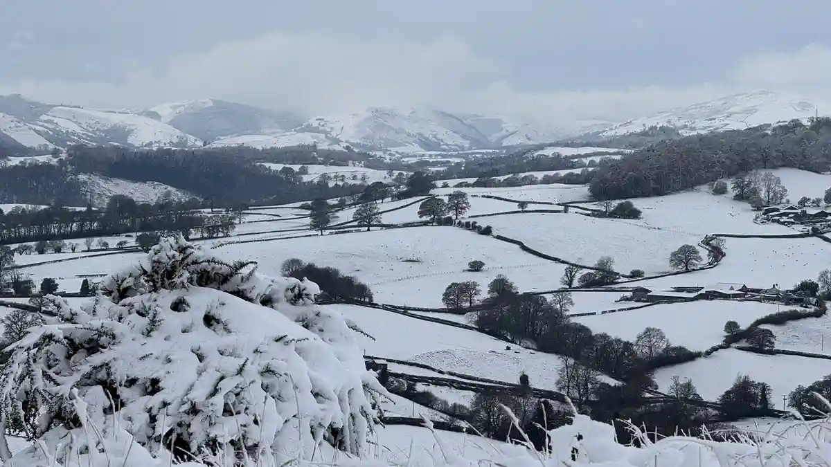 A wide, scenic view of a snow-covered rural valley with rolling hills, stone walls, scattered trees, and distant mountains…