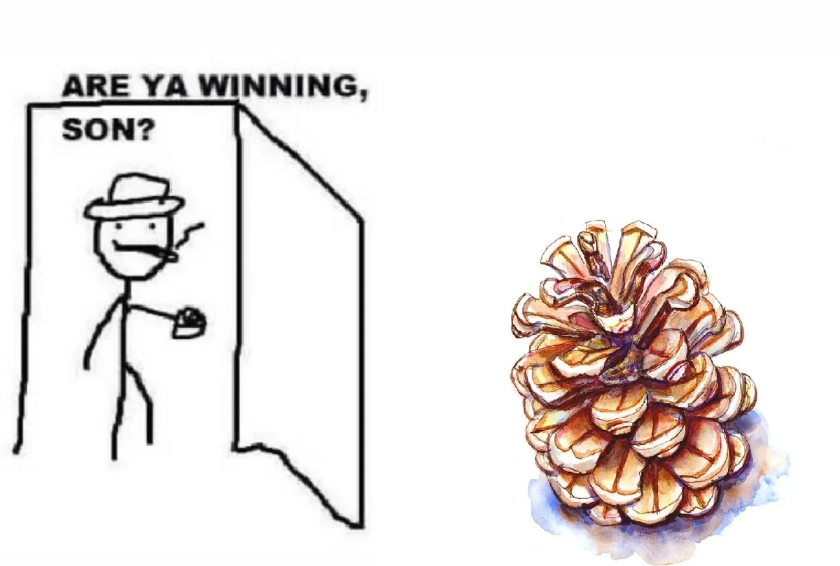 A stick figure wearing a hat and smoking a cigarette stands in a doorway holding a cup, with the text 'ARE YA WINNING, SON?'…